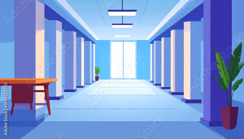 A cartoon art deco hallway with columns, plants,  a table, and bright window