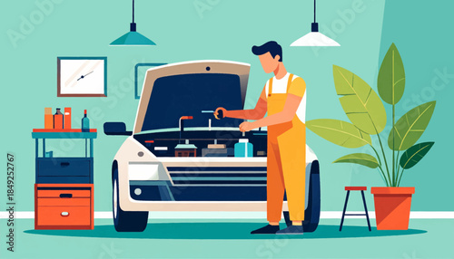 A mechanic works on a car's engine inside of a bright garage with a house plant on a mint green wall