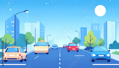 A city street scene depicted in a stylized, illustration format, featuring various vehicles and a serene sky