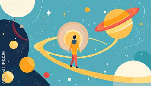 A person walks across the rings of planets in space with stars, orbs, and a teal background