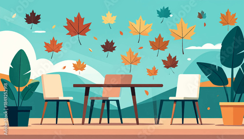 A clean, warm-toned illustration of a table and chairs, surrounded by fall leaves and potted plants