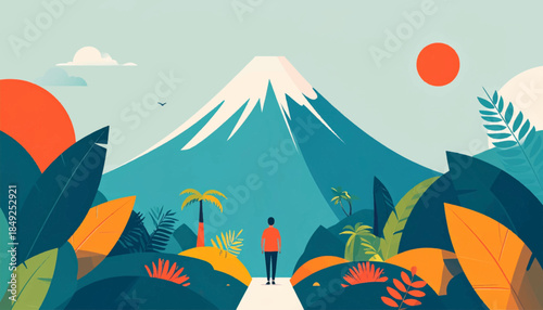 A person walking towards a large mountain surrounded by lush vegetation and a sunny sky