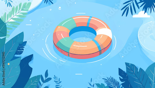 A colorful, cartoonish swim ring floats in clear, blue water surrounded by leafy foliage, evoking summer