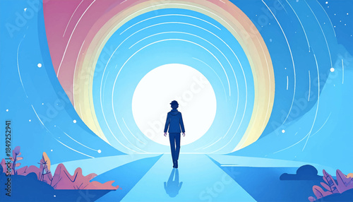 A person walks along a blue path, towards light, under a colourful, curved horizon in an artistic illustration