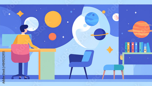 A person works at a desk in a blue-toned room with planets visible through a large window space view