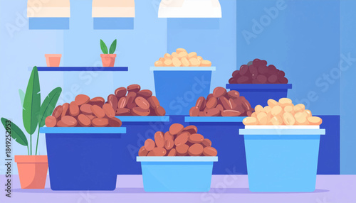 A colorful illustration showing bins of beans and plants in pots on shelves, rendered with bold lines and simple shapes