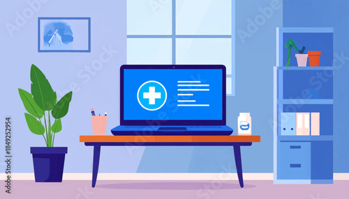 A colorful illustration of a desk with a laptop displaying a medical cross, plants, and a blue bookshelf