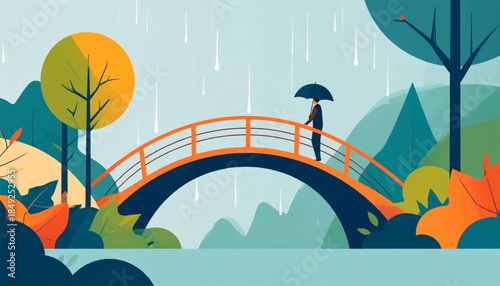 A person with umbrella on a bridge in a rainy, stylized landscape with trees and water