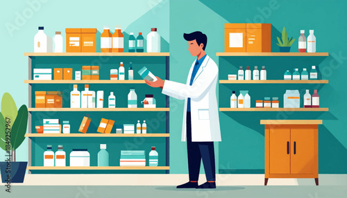 A pharmacist reviews a bottle in a turquoise pharmacy, shelves filled with medicine and a potted plant are visible