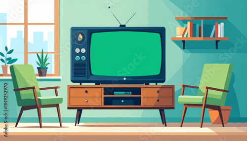 A colorful mid-century living room featuring a retro TV, chairs, and shelf with books in a stylized illustration