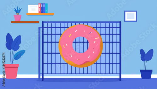 A pink sprinkled donut displayed on bars, inside a blue stylized room with plants and shelves