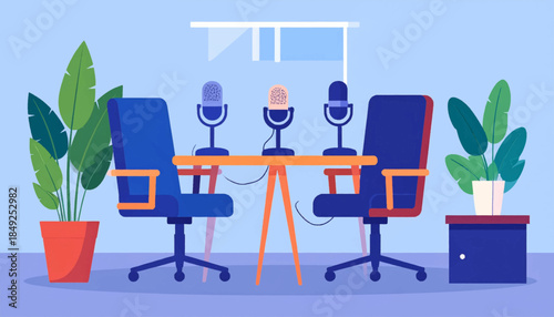 A podcast recording setup featuring two chairs, mics, desk,plants, side table against a pale blue wall