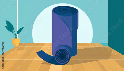A purple yoga mat rolled up, on a wooden floor, with a plant in the corner