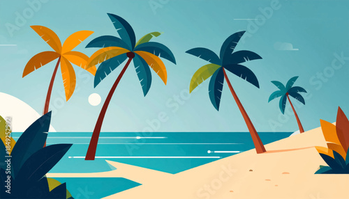 A colorful vector illustration of a tropical beach with palm trees and ocean views in shades of teal and orange