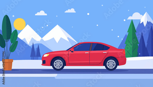 A red car is on a snow-covered road against a mountainous landscape with a sun and a potted plant