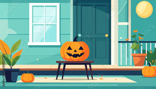 A festive porch scene with pumpkins, plants, a window, door, and a sunny day, illustrated in a cartoon style