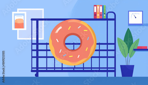 A whimsical illustration featuring a donut on a rolling cart, with office elements in soft, cartoonish style
