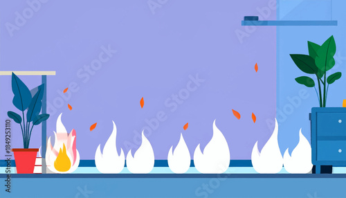 A stylized interior scene featuring plants, shelves, and white flame silhouettes against a pastel backdrop