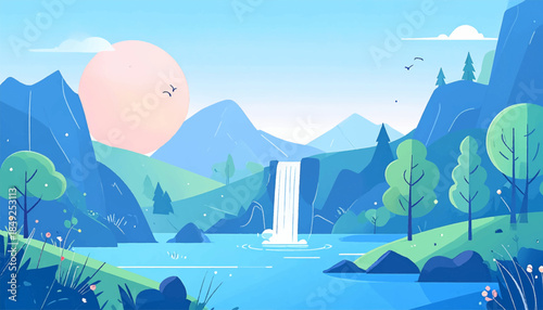 A serene cartoon landscape with mountains, a waterfall, and trees, rendered in blue and green hues
