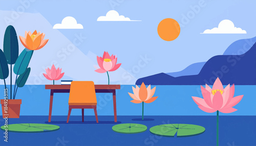 A serene flat illustration of a desk by water with lotus flowers and mountain backdrop in shades of blue and orange