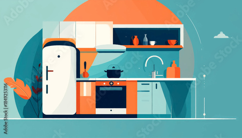 A stylized kitchen interior with a fridge, stove, sink, cabinet and decorations on a blue background