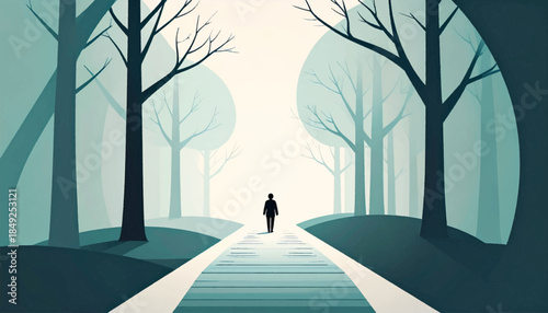 A figure walks down a light path through a stylized, foggy, dark teal forest of tall, leafless trees