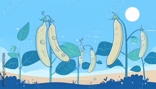 A whimsical illustration of large pea pods growing with smiling faces under a bright, sunny sky