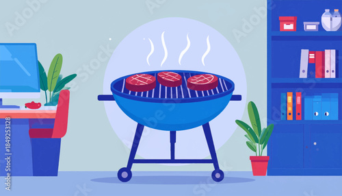 A whimsical office scene with a blue grill indoors, cooking steaks. Odd!