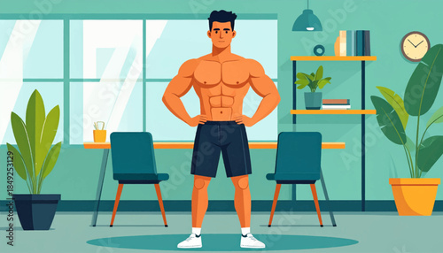 A fit man stands in a study with desk, chairs, shelves, and plants. Light streams through the window