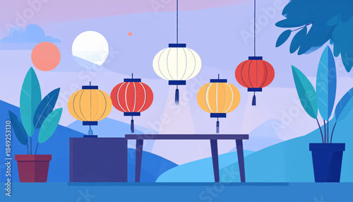 A serene illustration of hanging lanterns, plants, and a table against a stylized mountain backdrop