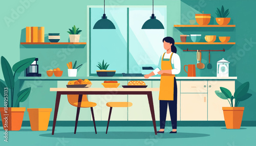 A stylized kitchen scene shows a person in an apron working at a table filled with baked goods