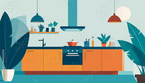 A stylized kitchen scene with orange cabinets, blue appliances, and potted plants, rendered in a flat, graphic style