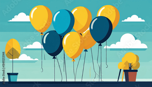 A whimsical scene of blue and yellow balloons floating above two potted plants against a light blue sky backdrop