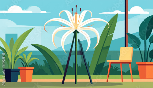 A serene indoor garden scene featuring a large white flower and leafy potted plants in a peaceful setting