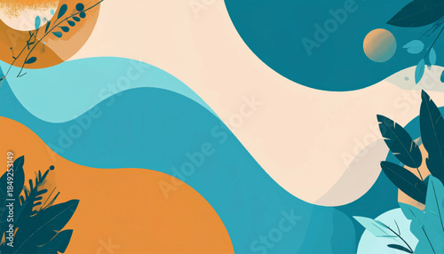 A whimsical scene of flowing teal shapes and stylized botanicals against soft peach and orange tones