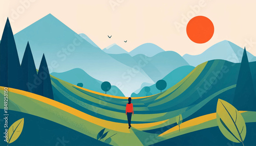A stylized landscape shows a person walking on hills under a bright sun, with silhouetted trees and mountains