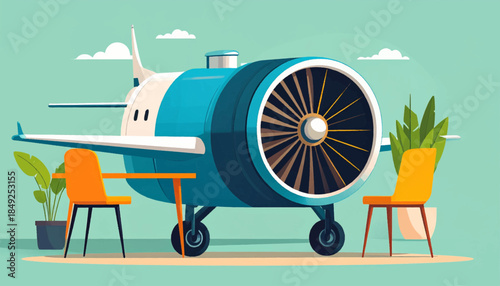 A whimsical, stylized airplane engine repurposed as a quirky outdoor dining spot with plants and seating