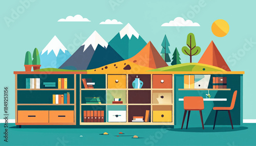 A flat illustration features bookshelves with books against a background of mountains, trees, sun, and a teal sky