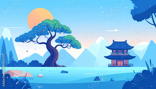 A serene landscape with a pagoda, tree, mountains, and a large sun against a light blue sky