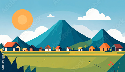 A stylized landscape shows houses at the foot of mountains, bathed in the light of a bright sun