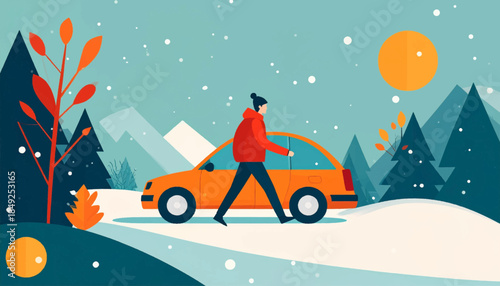 A flat illustration of a person walking by an orange car in a snowy landscape under a yellow sun