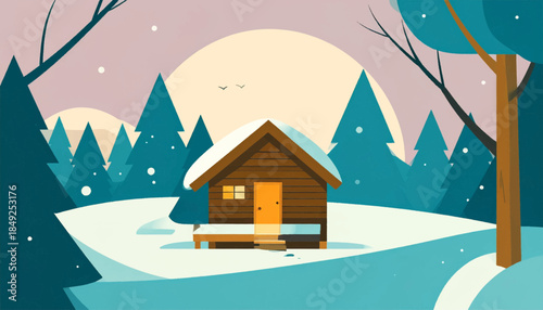 A winter cabin scene depicts a small wooden home nestled within snowy trees under a pale sky
