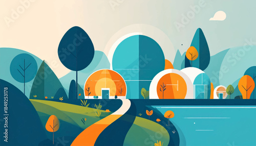 A stylized landscape with modern dome structures near water and trees, using a limited color palette