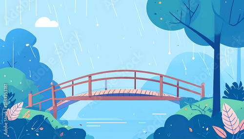 A serene, stylized bridge scene under soft rain, featuring tranquil blue and green hues, nature's artistry