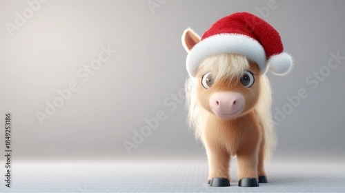 Adorable baby horse in a Santa hat standing on a clean minimalist background. Festive 3D illustration perfect for Christmas, holiday greetings, and seasonal designs.
