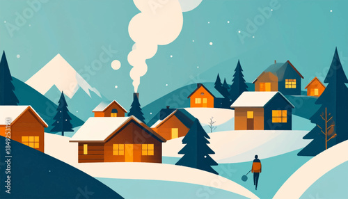 A wintry village scene with snow-covered cottages, trees and a person walking in the snow