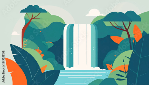 A flat illustration of a tall waterfall surrounded by vibrant, stylized trees and foliage in blue, green, and orange