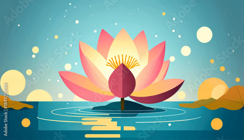 A stylized lotus flower with pink and yellow petals in water under a blue sky with circles