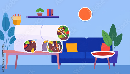 A flat illustration of burritos on a table, with a couch and decorations in the background