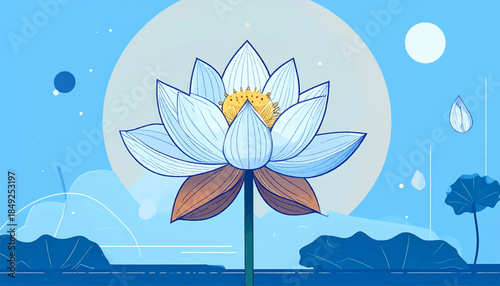 A stylized lotus flower blooms against a blue, watery landscape with floating elements